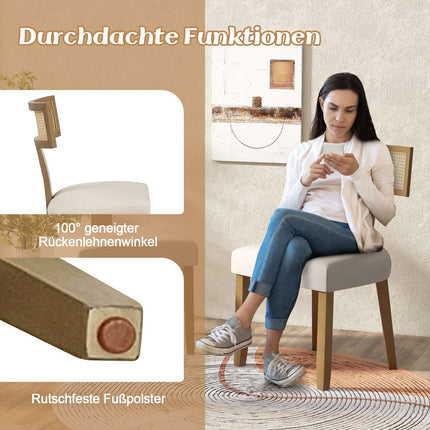 Esszimmerstuhl mit Rattanrücken, gepolsterter Sitzfläche und Holzbeinen