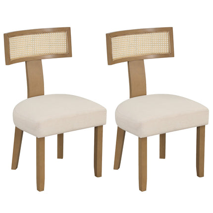 Esszimmerstuhl mit Rattanrücken, gepolsterter Sitzfläche und Holzbeinen