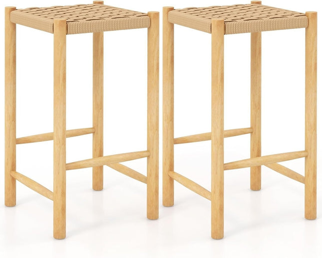 Dining Room Bar Stool Set Rubberwood Frame & Braided Paper Seat Rustic Bar Stool in Counter Height 65cm