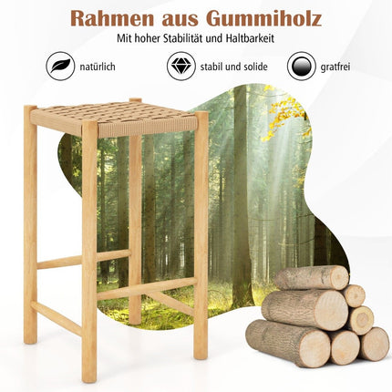 Barhocker-Set für das Esszimmer, Rahmen aus Gummibaumholz und Sitzfläche aus geflochtenem Papier, rustikaler Barhocker in Thekenhöhe 65 cm