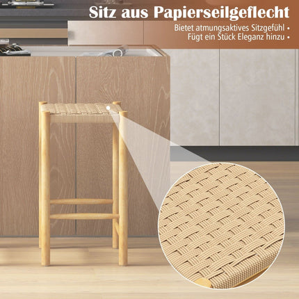Barhocker-Set für das Esszimmer, Rahmen aus Gummibaumholz und Sitzfläche aus geflochtenem Papier, rustikaler Barhocker in Thekenhöhe 65 cm