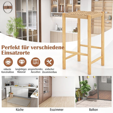 Barhocker-Set für das Esszimmer, Rahmen aus Gummibaumholz und Sitzfläche aus geflochtenem Papier, rustikaler Barhocker in Thekenhöhe 65 cm