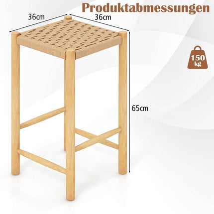 Barhocker-Set für das Esszimmer, Rahmen aus Gummibaumholz und Sitzfläche aus geflochtenem Papier, rustikaler Barhocker in Thekenhöhe 65 cm