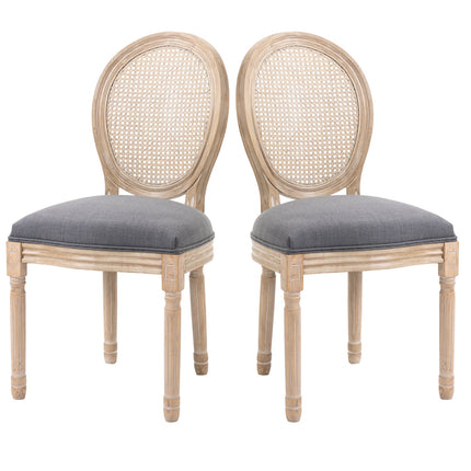Graue Polsterstühle für Esszimmer, 2er-Set – Rückenlehne Rattan, Leinen-Optik