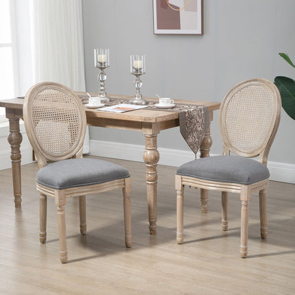 Graue Polsterstühle für Esszimmer, 2er-Set – Rückenlehne Rattan, Leinen-Optik