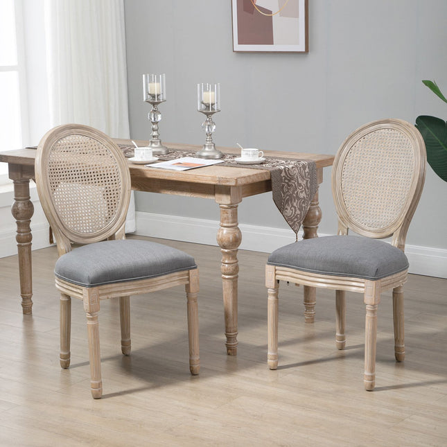 Graue Polsterstühle für Esszimmer, 2er-Set – Rückenlehne Rattan, Leinen-Optik