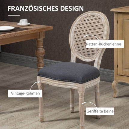 Graue Polsterstühle für Esszimmer, 2er-Set – Rückenlehne Rattan, Leinen-Optik