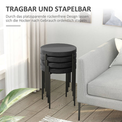 4er Set stapelbare Barhocker aus Samt, schwarz, gepolsterte Sitzfläche
