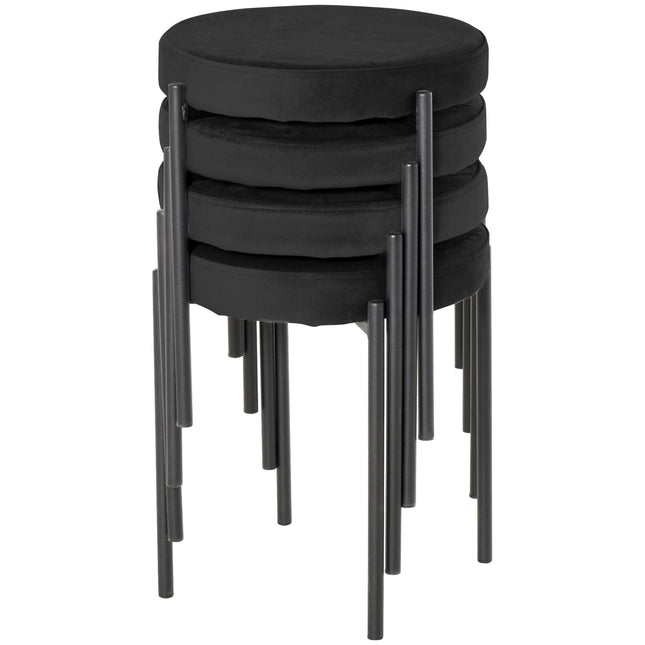 Set of 4 stackable bench stools in velvet, black, padded seat
