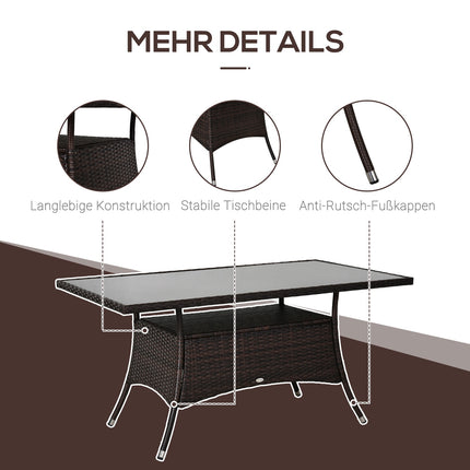 Gartentisch – Glas & Polyrattan, Braun & Schwarz, 150x85cm