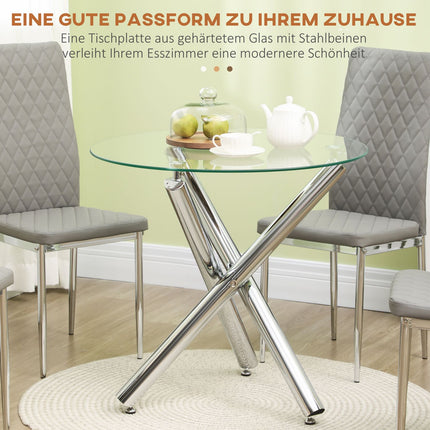 Runder Esstisch aus Glas, Stahlfuß, 4 Sitzplätze, Ø80 cm