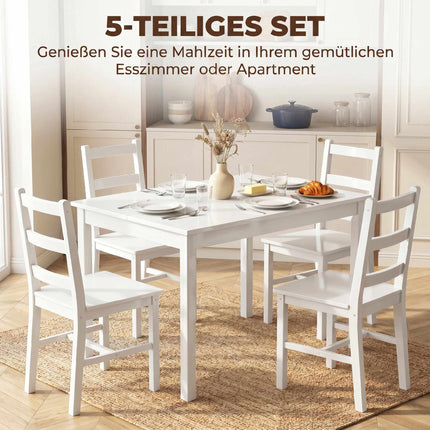Dining Table Set, 5-Piece Solid Pine, White, Seats 4