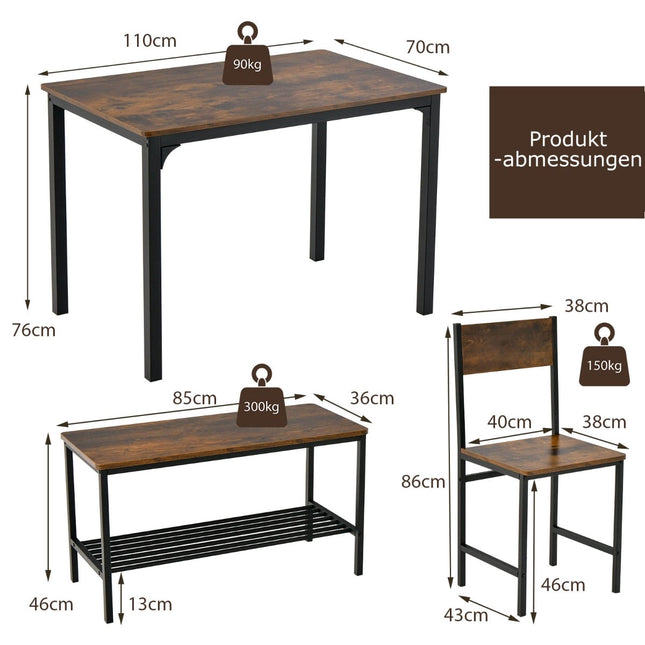 Eetkamerset voor 4 personen - Tafel, 2 stoelen, bank, plank