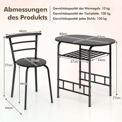 Dining Table Set with 2 Chairs, Space-Saving, Black