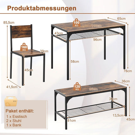 Dining Table Set with Storage – Table, 2 Chairs, Bench