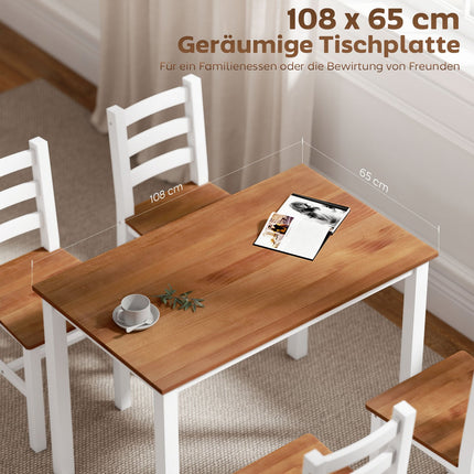 Essgarnitur, Esstisch, 4 Stühle, Esszimmergarnitur, Kiefernholz, braun+weiß