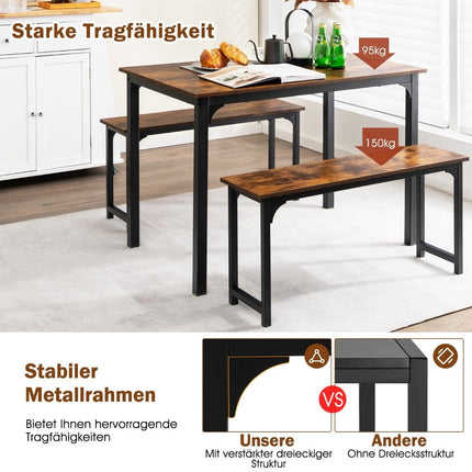 Dining table with 2 benches Dining group set of 3 110 x 70 cm Kitchen table for 4 people Coffee + black
