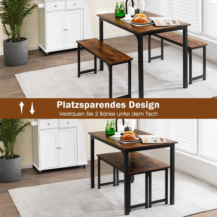 Dining table with 2 benches Dining group set of 3 110 x 70 cm Kitchen table for 4 people Coffee + black