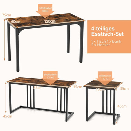 Table à manger avec banc et 2 tabourets ensemble de 4 table de cuisine groupe de salle à manger industriel pour cuisine 120 x 60 x 75 cm marron