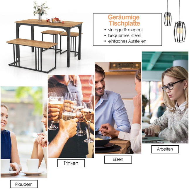 Esstisch mit Bank &amp; 2 Hockern 4er Set Küchentisch Industrial Essgruppe für Küche 120 x 60 x 75 cm Natur