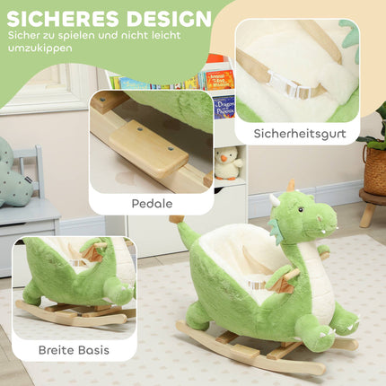 Houpací dinosaurus se zvuky, měkká výplň, dřevěná konstrukce, zelená