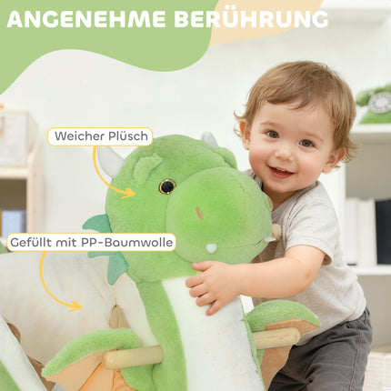 Houpací dinosaurus se zvuky, měkká výplň, dřevěná konstrukce, zelená