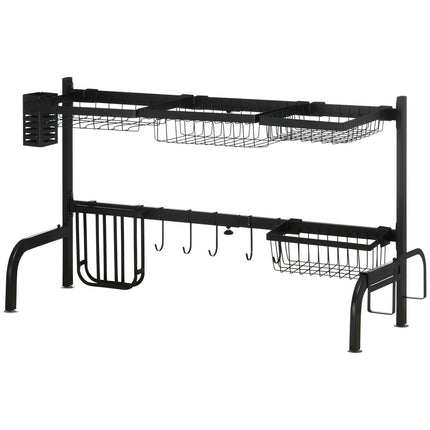 2-stufiges Geschirrregal aus schwarzem Stahl mit Haken und Abtropfschale