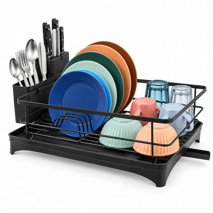 Dish Drainer with Rotating Drain and Cutlery Holder, Black, 43 cm Wide