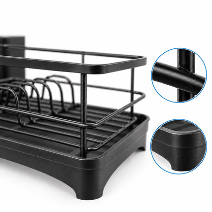 Dish Drainer with Rotating Drain and Cutlery Holder, Black, 43 cm Wide