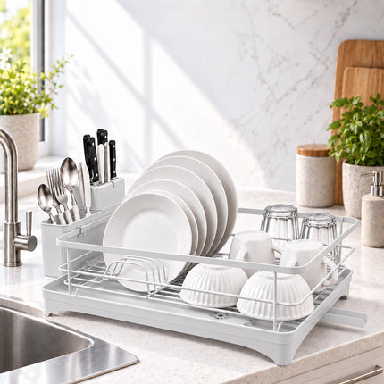 Dish Drainer with Rotating Drain and Cutlery Holder, Grey, 43 cm Wide