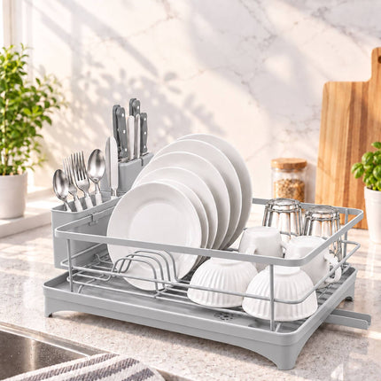 Dish Drainer with Rotating Drain and Cutlery Holder, Grey, 43 cm Wide