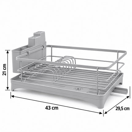 Dish Drainer with Rotating Drain and Cutlery Holder, Grey, 43 cm Wide