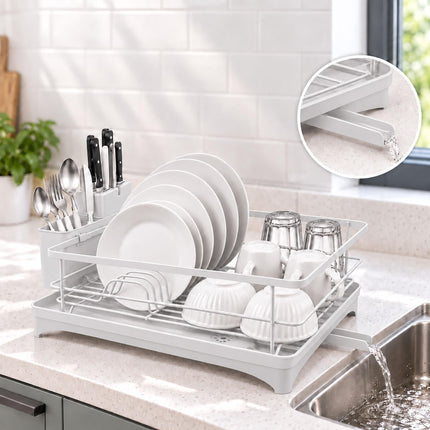 Dish Drainer with Rotating Drain and Cutlery Holder, Grey, 43 cm Wide