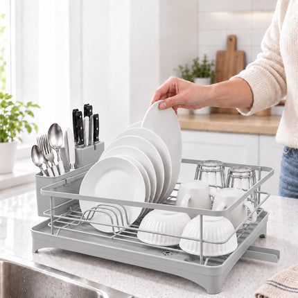 Dish Drainer with Rotating Drain and Cutlery Holder, Grey, 43 cm Wide