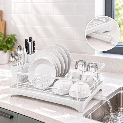 Dish Drainer with Rotating Drain and Cutlery Holder, White, 43 cm Wide