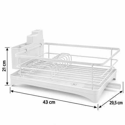 Dish Drainer with Rotating Drain and Cutlery Holder, White, 43 cm Wide