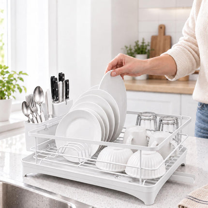 Dish Drainer with Rotating Drain and Cutlery Holder, White, 43 cm Wide