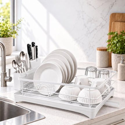 Dish Drainer with Rotating Drain and Cutlery Holder, White, 43 cm Wide