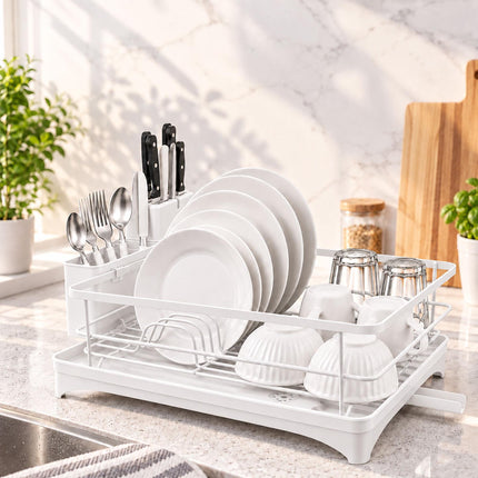 Dish Drainer with Rotating Drain and Cutlery Holder, White, 43 cm Wide