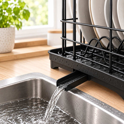 Dish Drying Rack with Drainage Tray and Cutlery Basket, Black, 360° Outlet