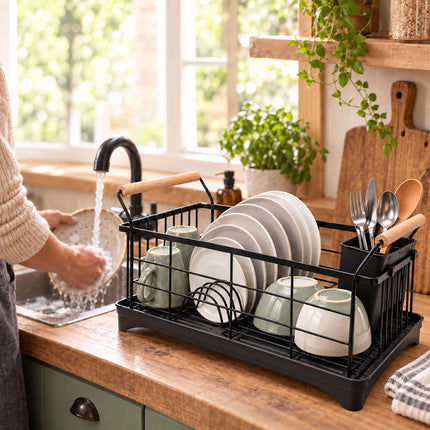 Dish Drying Rack with Drainage Tray and Cutlery Basket, Black, 360° Outlet