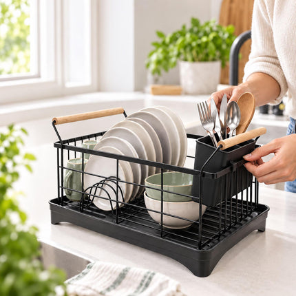 Dish Drying Rack with Drainage Tray and Cutlery Basket, Black, 360° Outlet