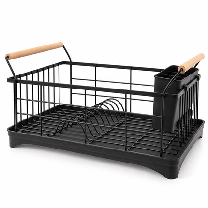 Dish Drying Rack with Drainage Tray and Cutlery Basket, Black, 360° Outlet