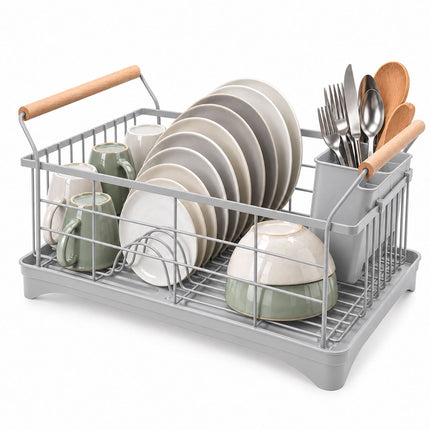 Dish Drying Rack with Drainage Tray and Cutlery Basket, Grey, 360° Outlet