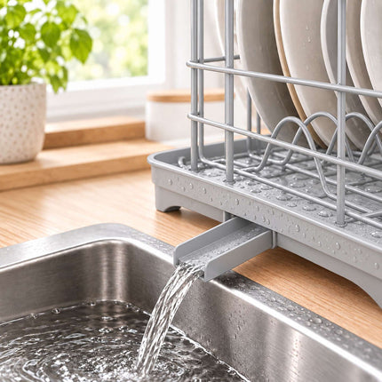Dish Drying Rack with Drainage Tray and Cutlery Basket, Grey, 360° Outlet