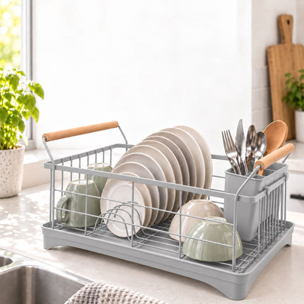 Dish Drying Rack with Drainage Tray and Cutlery Basket, Grey, 360° Outlet
