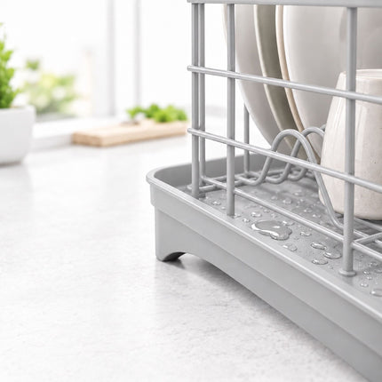 Dish Drying Rack with Drainage Tray and Cutlery Basket, Grey, 360° Outlet