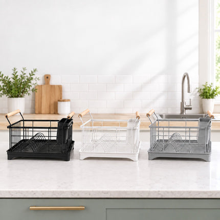 Dish Drying Rack with Drainage Tray and Cutlery Basket, Grey, 360° Outlet