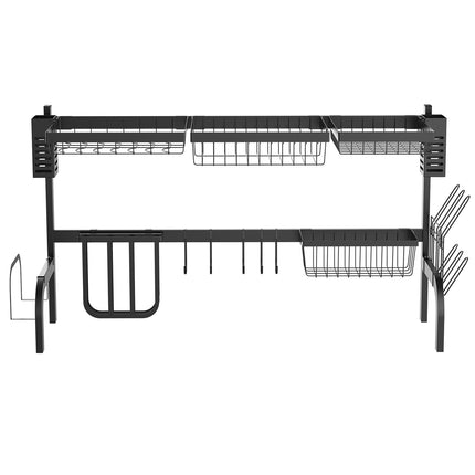 Geschirrabtropfgestell, 2-stufiges Abtropfgestell mit Haken, Tellerregal, Zubehör, 100 cm Stahl, schwarz