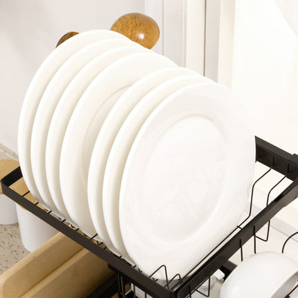Geschirrabtropfgestell, 2-stufiges Abtropfgestell mit Haken, Tellerregal, Zubehör, 100 cm Stahl, schwarz